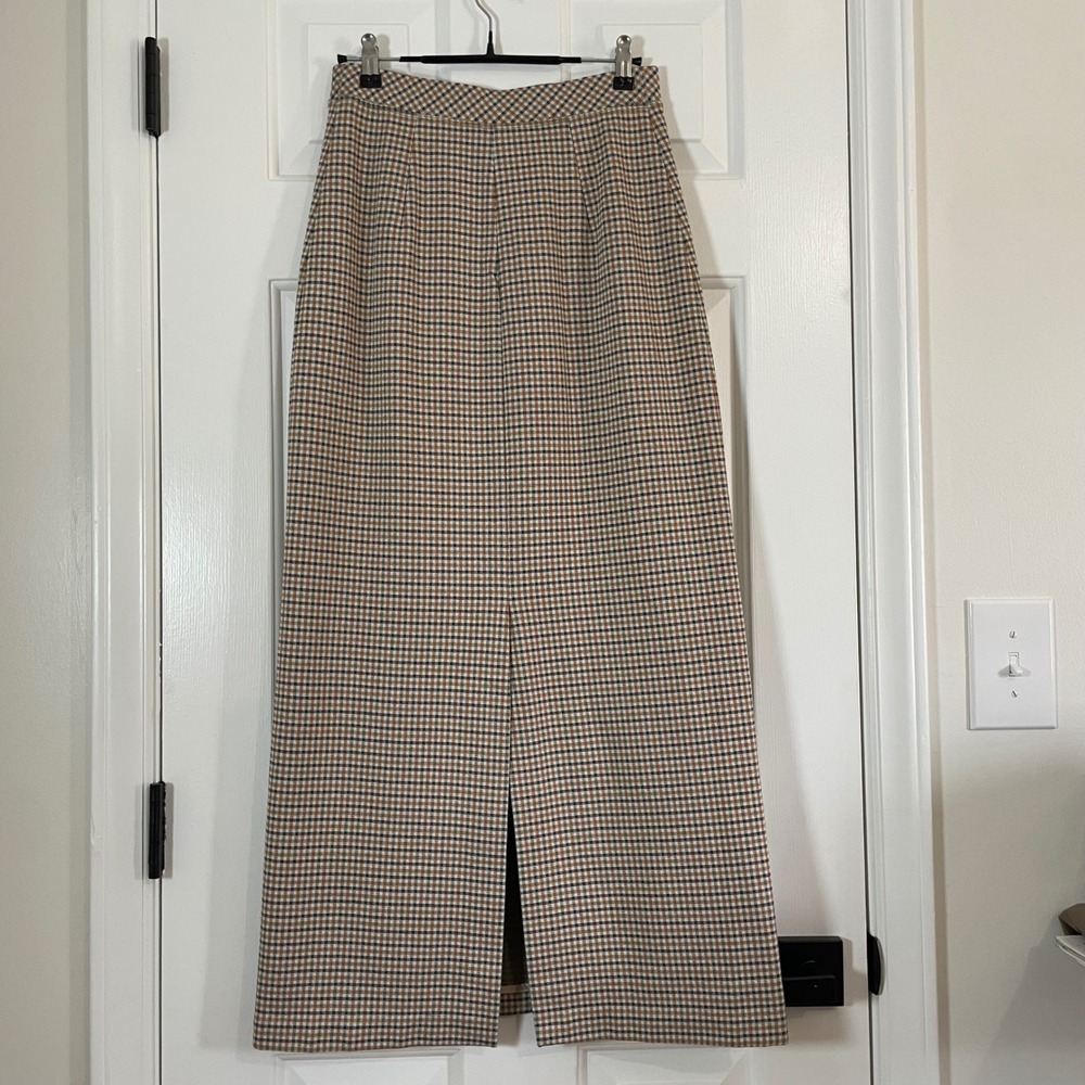 Rosetta Getty Size Small Maxi Skirt Brown Plaid Check High Waist Back Slit - Picture 4 of 6